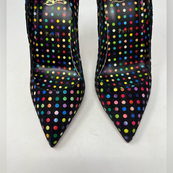 Christian Louboutin Hot Chick Black Suede Multicolor Polka Dot Heel Pump 37.5 EU - Picture 4 of 7